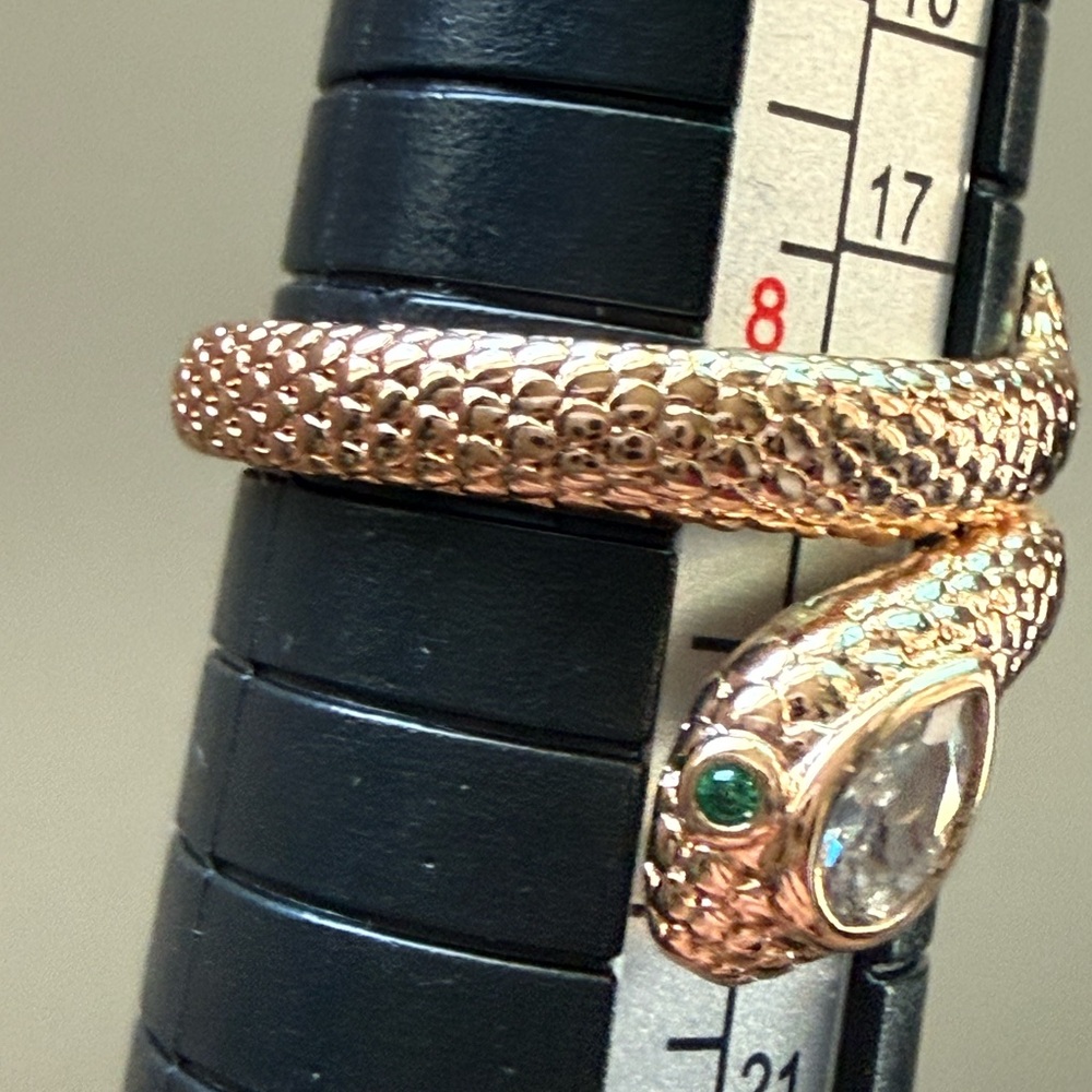 NEW!Pretty Bird Rose Gold Snake Wrap Ring with Clear Teardrop Stone & Green Eyes - Picture 9 of 11